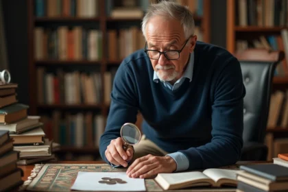 Collectionneur examine une pièce de 50 francs 1977 avec loupe