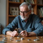 Collectionneur de pièces euro examinant une pièce à la loupe
