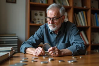 Collectionneur de pièces euro examinant une pièce à la loupe