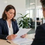 Femme professionnelle comparant des documents d'assurance emprunteur MFP avec un conseiller financier dans un bureau moderne
