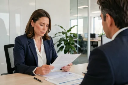 Femme professionnelle comparant des documents d'assurance emprunteur MFP avec un conseiller financier dans un bureau moderne