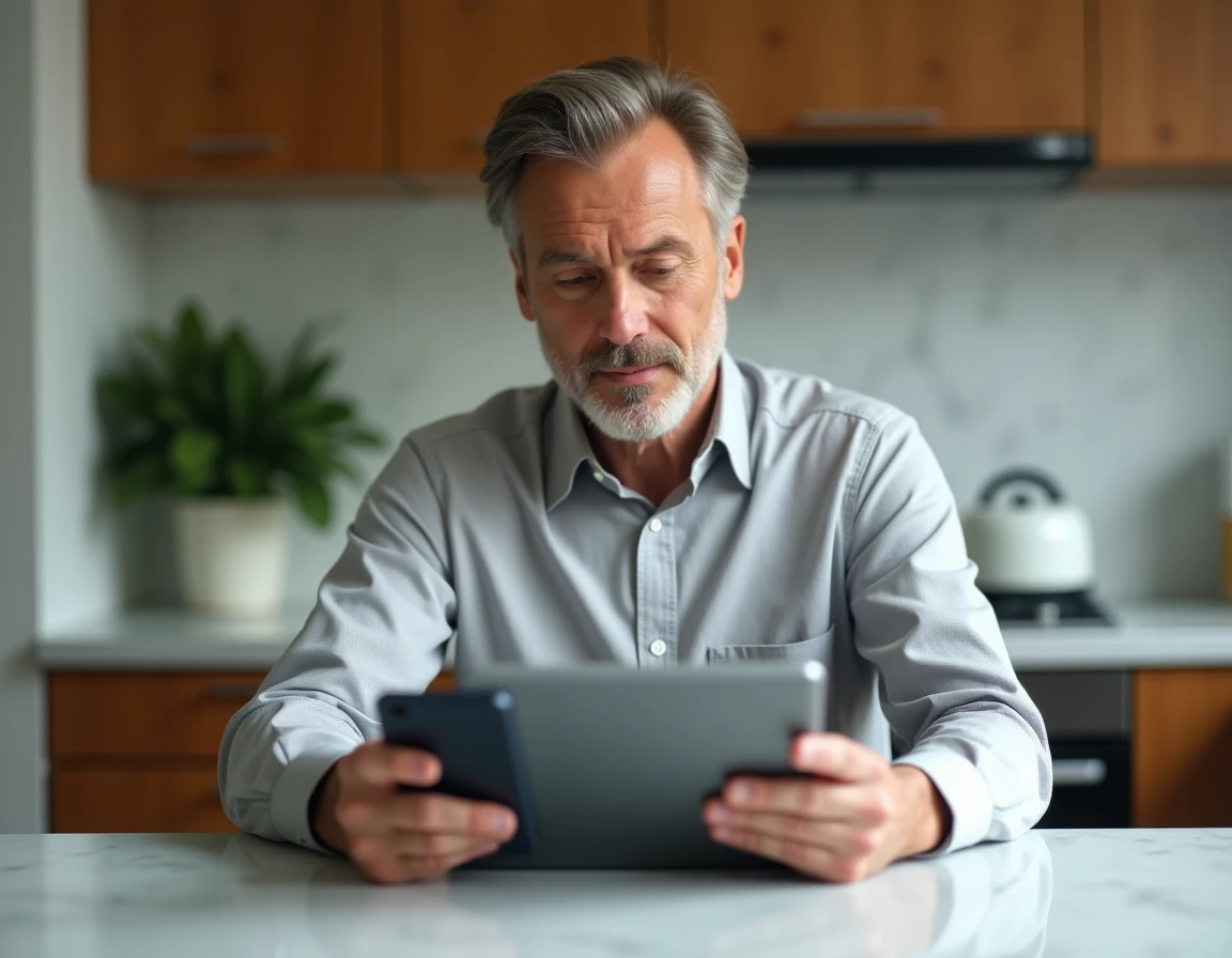 Homme comparant des applications bancaires sur tablette et smartphone pour choisir une épargne salariale