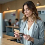 Femme comparant une carte bancaire prépayée et un compte classique La Poste au guichet d'un bureau de poste moderne