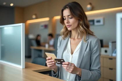 Femme comparant une carte bancaire prépayée et un compte classique La Poste au guichet d'un bureau de poste moderne