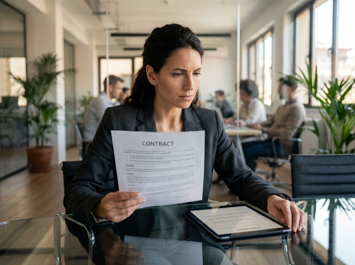 Femme cadre comparant un contrat imprimé et sa version numérique sur tablette pour détecter une erreur avant signature électronique