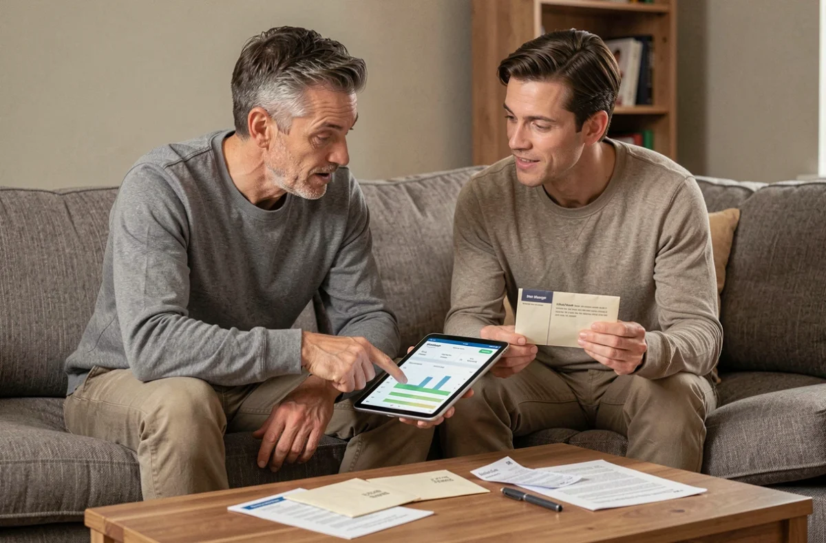 Couple comparant la méthode des enveloppes budgétaires papier et une application d'épargne numérique sur tablette