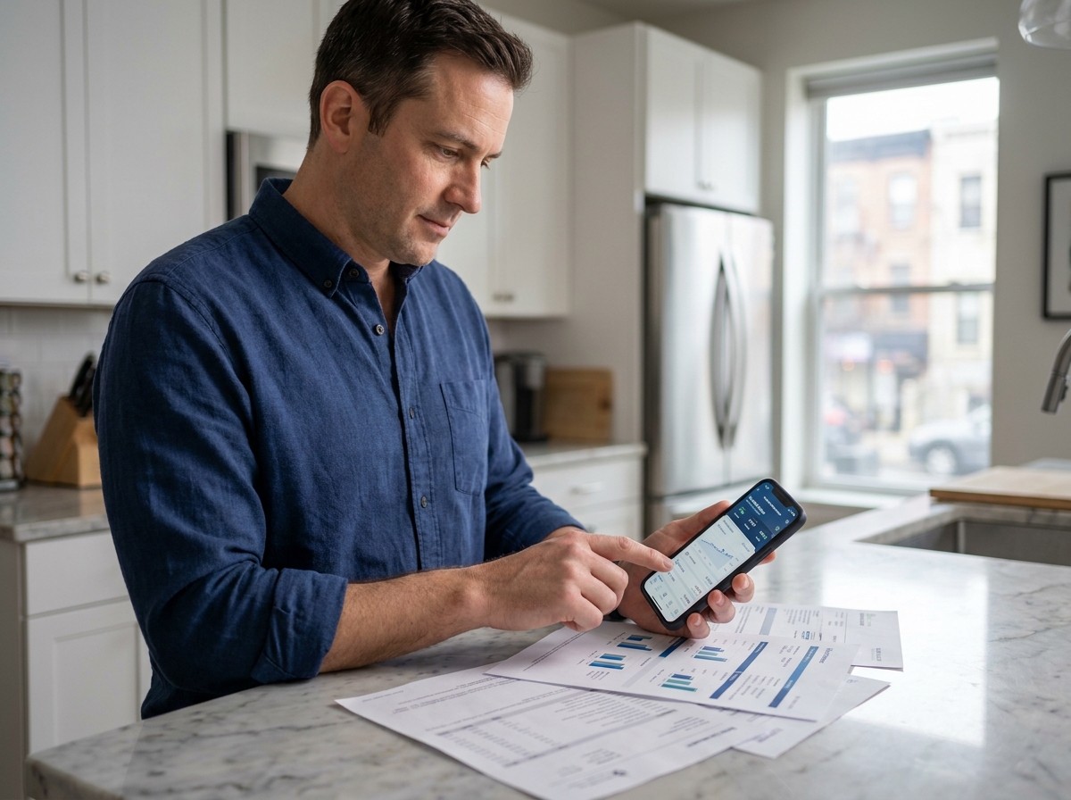 Homme comparant des offres bancaires sur smartphone et documents imprimés dans une cuisine moderne
