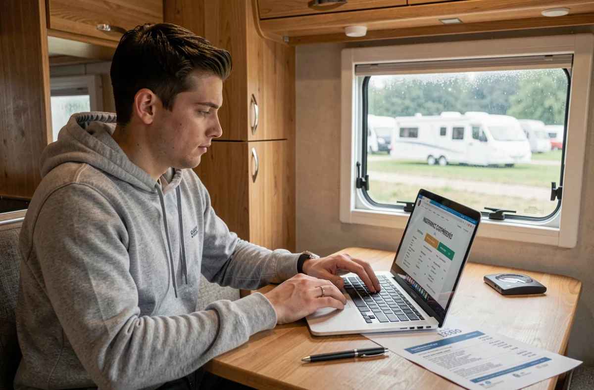 Jeune homme comparant les prix d'assurance camping-car sur un ordinateur portable à l'intérieur d'un van aménagé