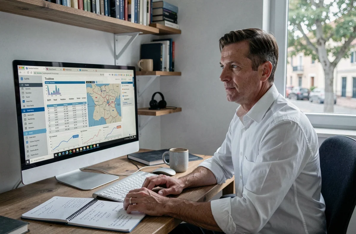 Homme comparant des SCPI sur ordinateur depuis son bureau à domicile à Toulouse