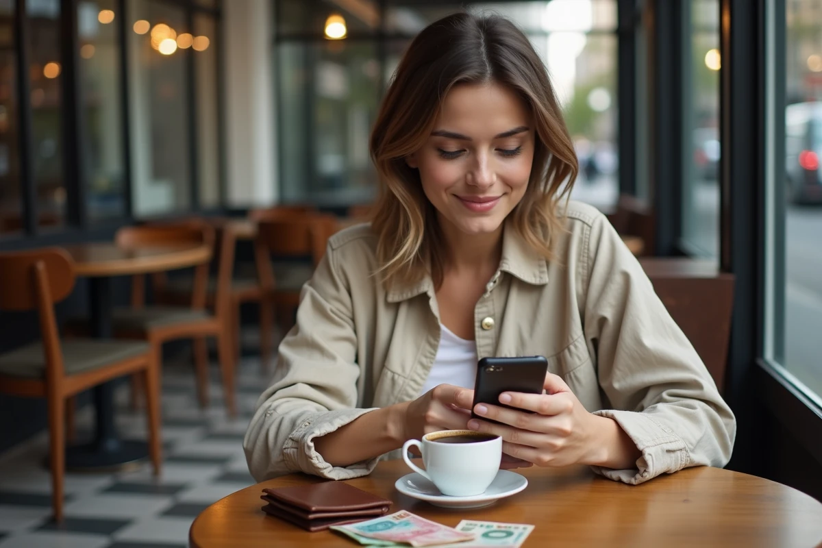 Jeune femme comparant les taux de change du peso argentin sur son smartphone dans un café de Buenos Aires