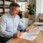 Comptable analysant des documents d'amortissement de véhicule de tourisme dans un bureau professionnel