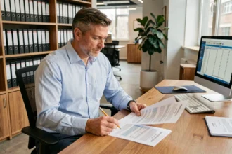 Comptable analysant des documents d'amortissement de véhicule de tourisme dans un bureau professionnel