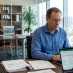 Homme comptable analysant rapports financiers immobilier