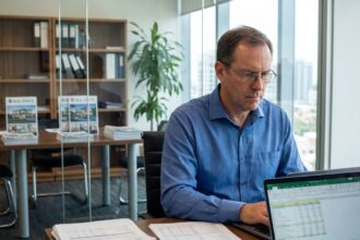 Homme comptable analysant rapports financiers immobilier