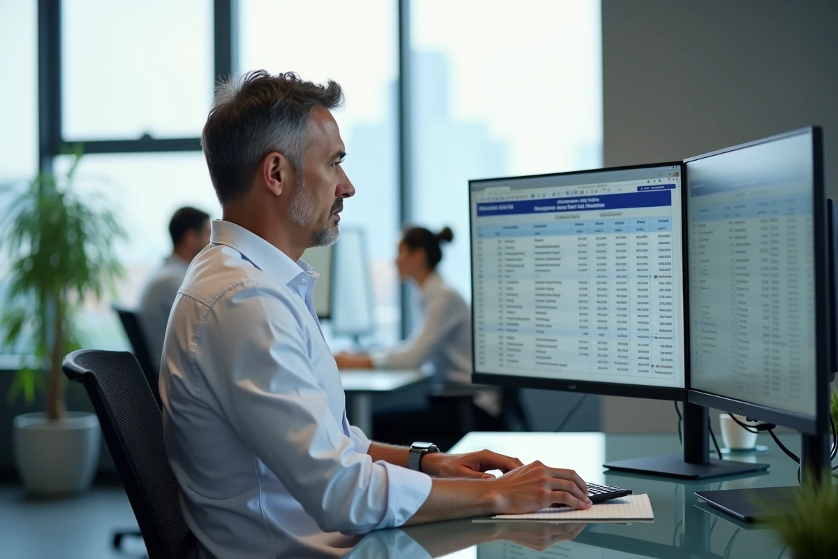 Comptable calculant les frais de tutelle sur ordinateur avec tableur financier