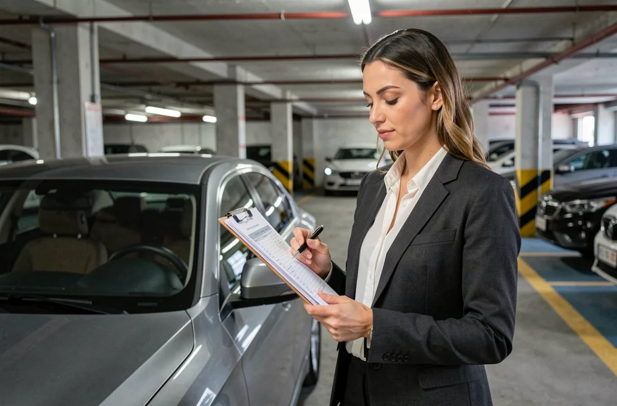Comptable vérifiant l'amortissement d'un véhicule de tourisme en parking avec des documents fiscaux
