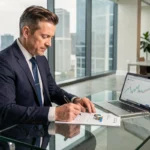 Conseiller financier analysant des documents de SCPI dans un bureau moderne avec vue sur la ville