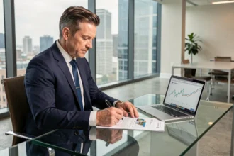 Conseiller financier analysant des documents de SCPI dans un bureau moderne avec vue sur la ville