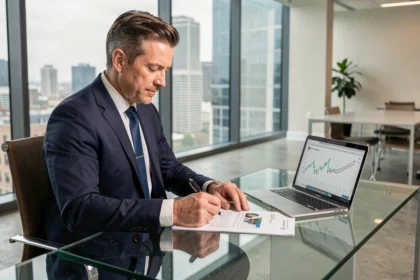 Conseiller financier analysant des documents de SCPI dans un bureau moderne avec vue sur la ville