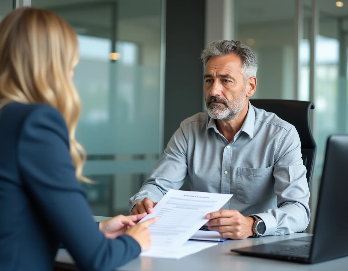 Homme en rendez-vous avec un conseiller financier pour finaliser un dossier de prêt en agence bancaire