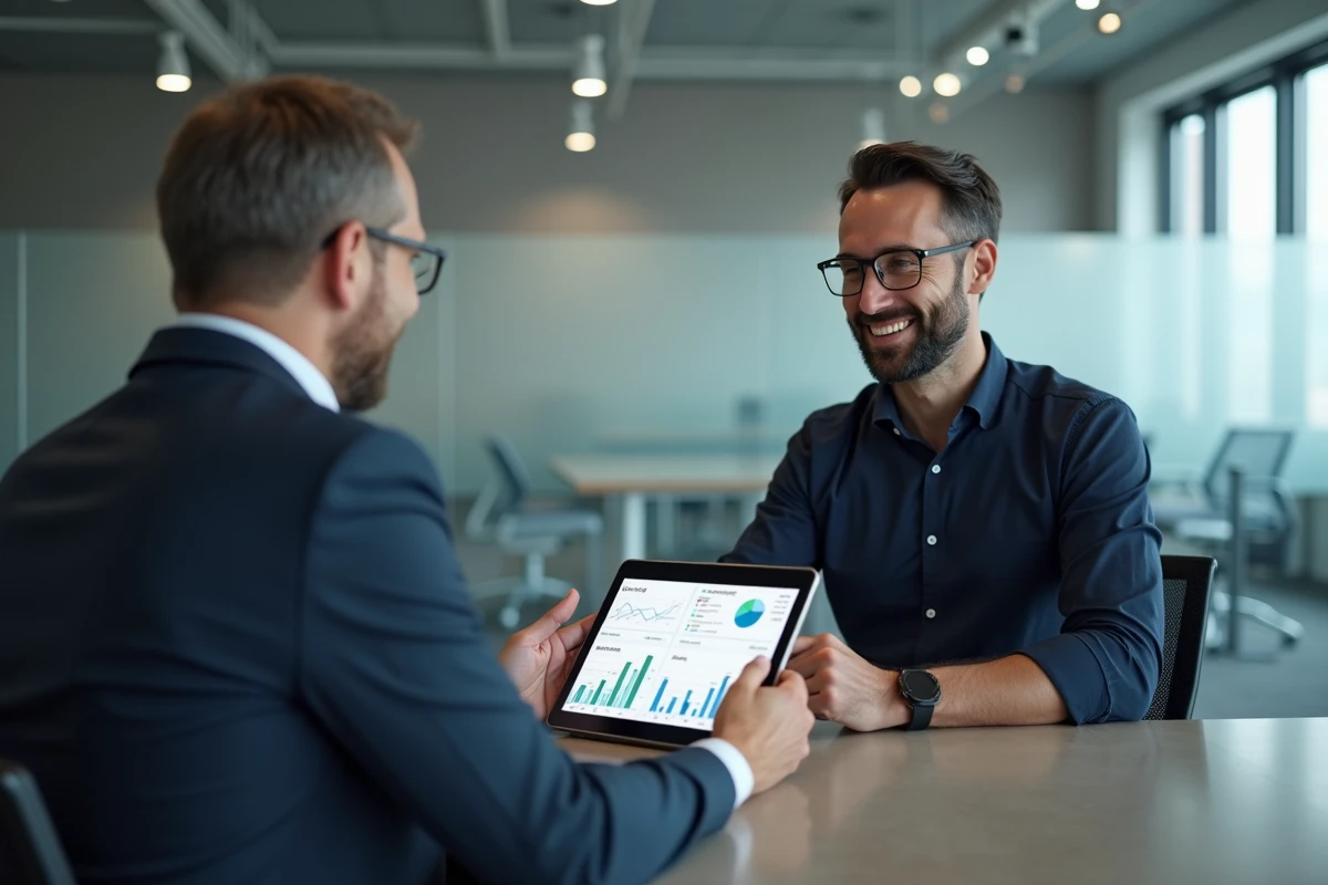 Homme en entretien avec un conseiller financier consultant un tableau de simulation de salaire net et d'aides sociales disponibles