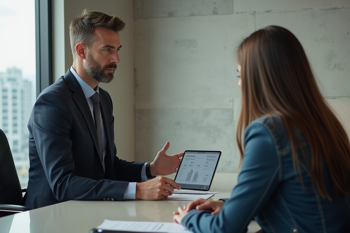 Conseiller financier expliquant un calcul de prêt immobilier