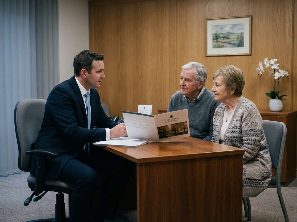 Conseiller funéraire expliquant un devis obsèques à un couple de seniors dans une agence de pompes funèbres