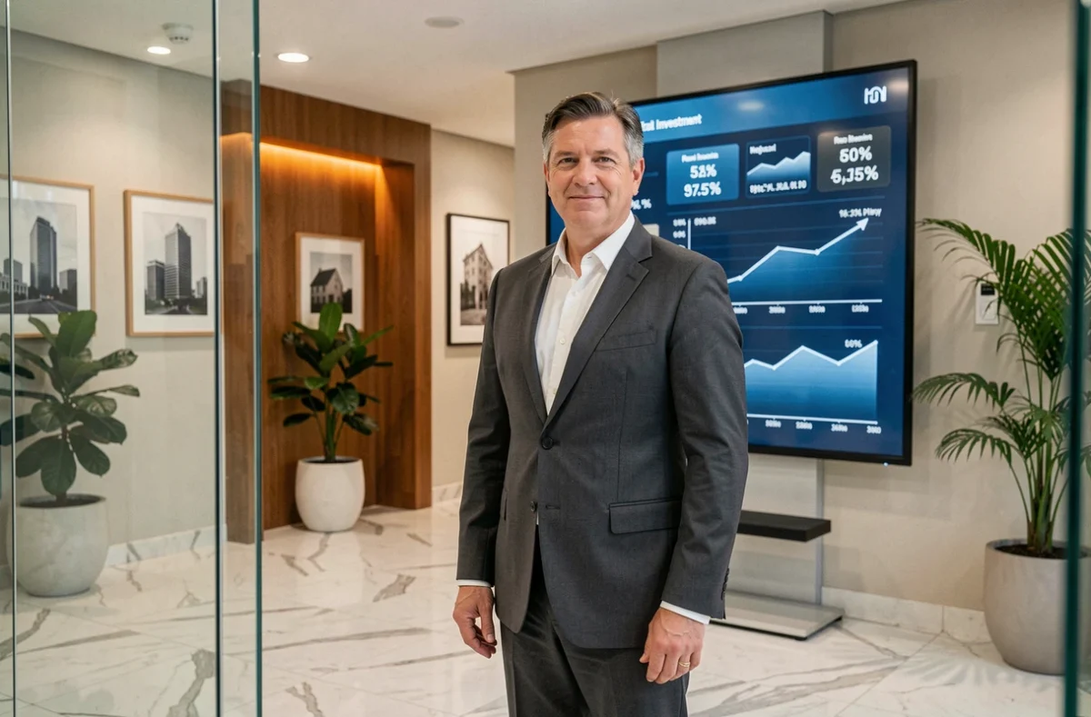 Conseiller en investissement immobilier présentant les performances d'une SCPI devant un tableau de données
