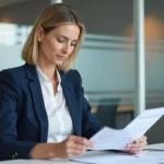 Conseillère bancaire en agence Crédit Mutuel consultant des documents d'assurance ACM IARD sur son bureau