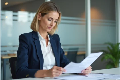 Conseillère bancaire en agence Crédit Mutuel consultant des documents d'assurance ACM IARD sur son bureau