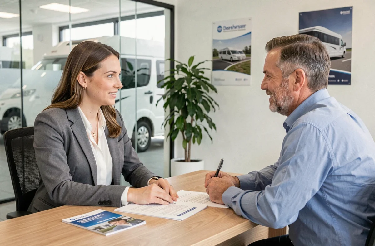 Conseillère en assurance présentant un contrat d'assurance camping-car à un client dans une agence