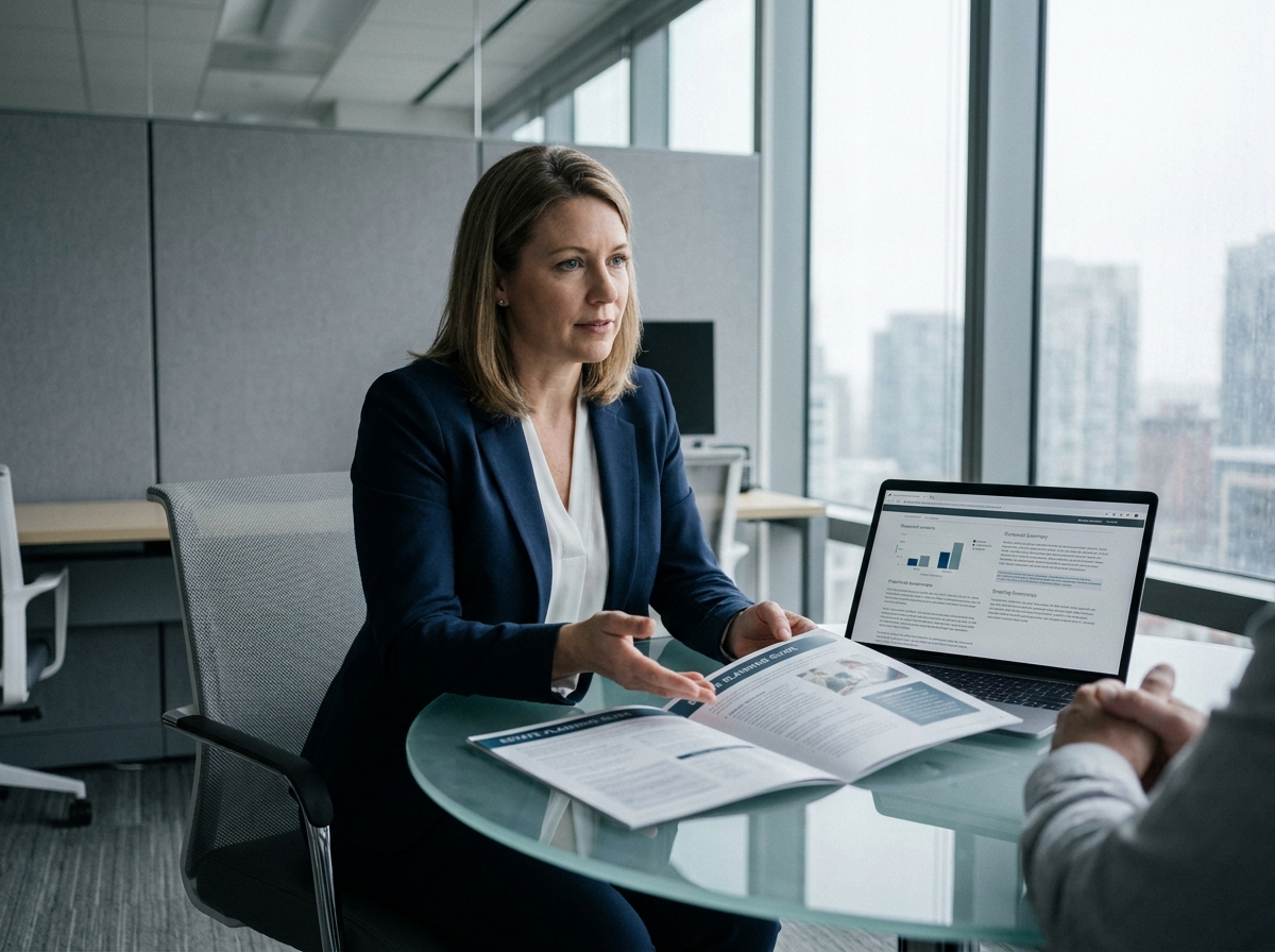 Conseillère financière présentant un bilan fiscal d'assurance vie à un client dans un bureau professionnel