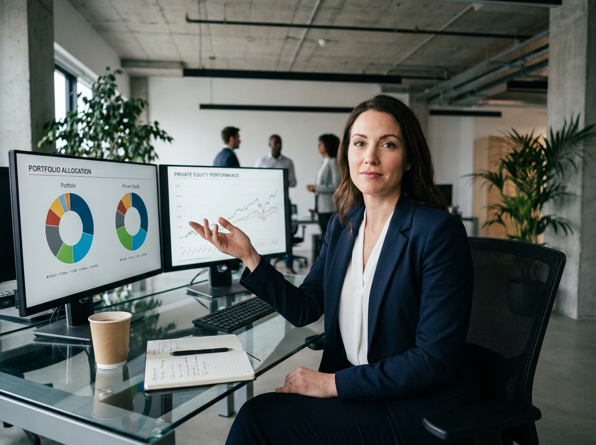 Femme conseillère financière présentant une stratégie de diversification avec actifs non-cotés sur double écran