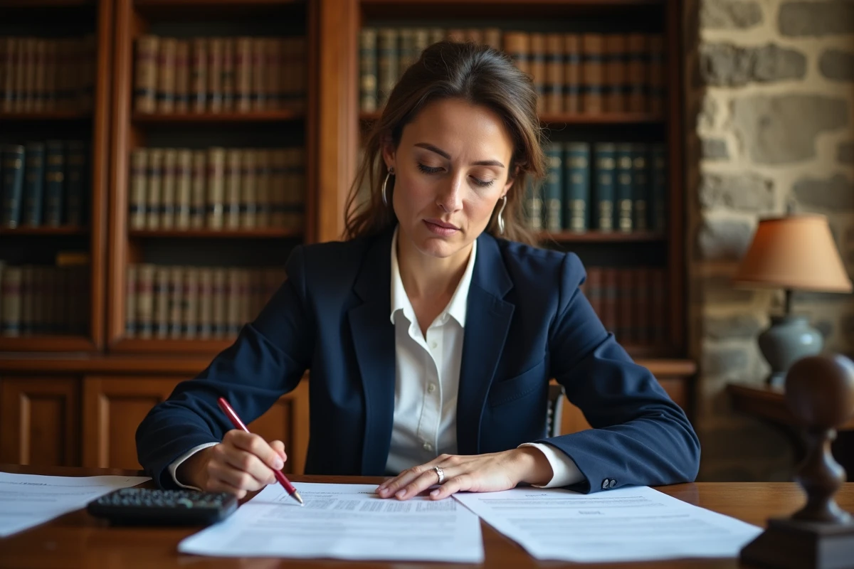 Conseillère fiscale en office notarial examinant des documents relatifs à la taxe foncière et au fermage agricole 2026
