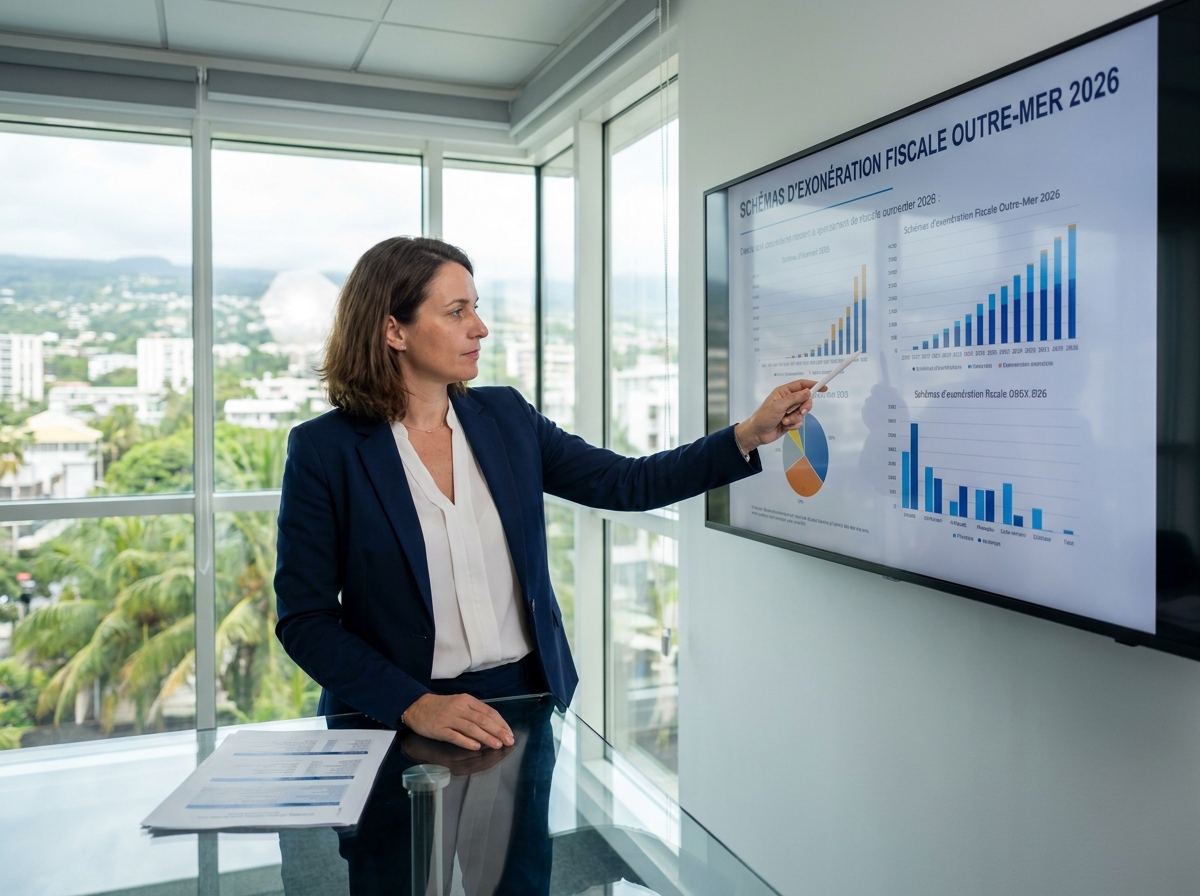 Conseillère financière présentant des stratégies de défiscalisation outre-mer devant des graphiques fiscaux 2026
