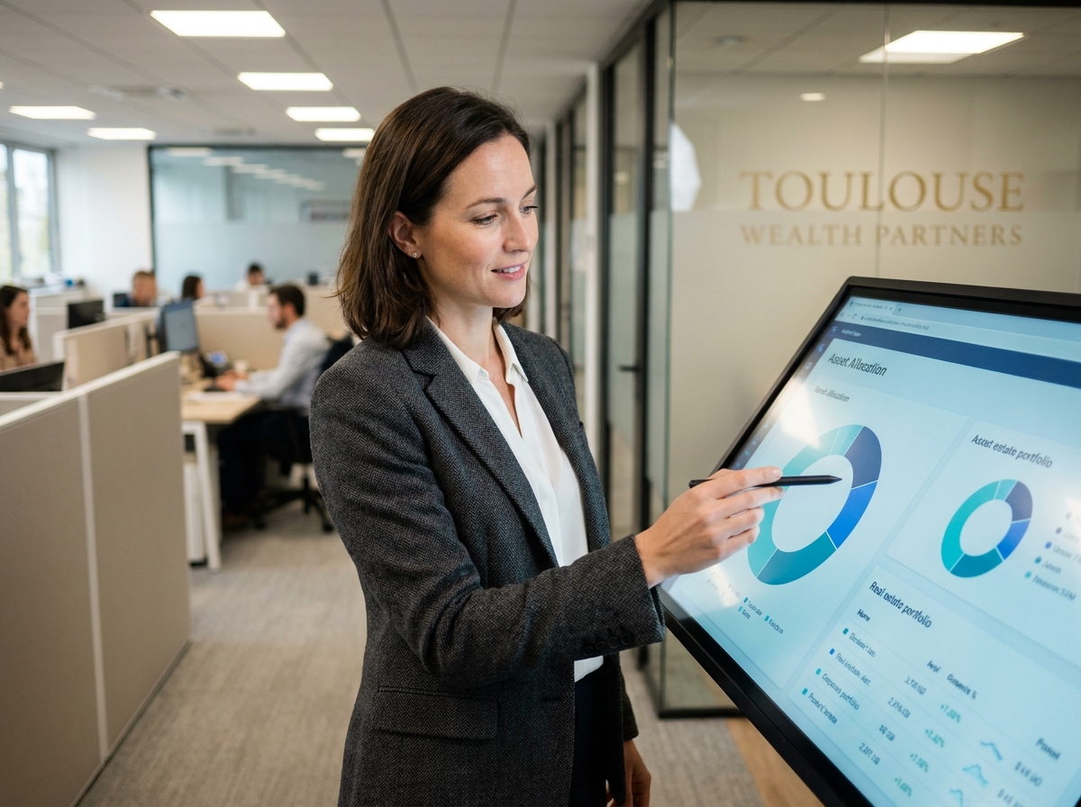 Conseillère en gestion de patrimoine à Toulouse présentant une stratégie d'allocation d'actifs sur écran interactif