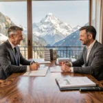 Conseillers en gestion de patrimoine travaillant dans un bureau alpin élégant avec vue sur le Mont Blanc en Haute-Savoie