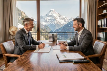 Conseillers en gestion de patrimoine travaillant dans un bureau alpin élégant avec vue sur le Mont Blanc en Haute-Savoie