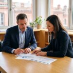 Consultant en gestion de patrimoine à Toulouse discutant d'un portefeuille d'investissement avec un client dans un bureau moderne