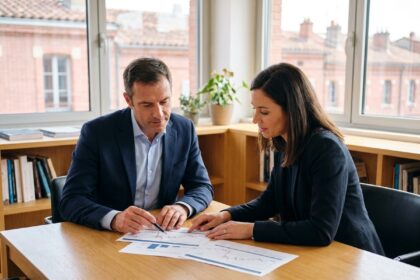 Consultant en gestion de patrimoine à Toulouse discutant d'un portefeuille d'investissement avec un client dans un bureau moderne