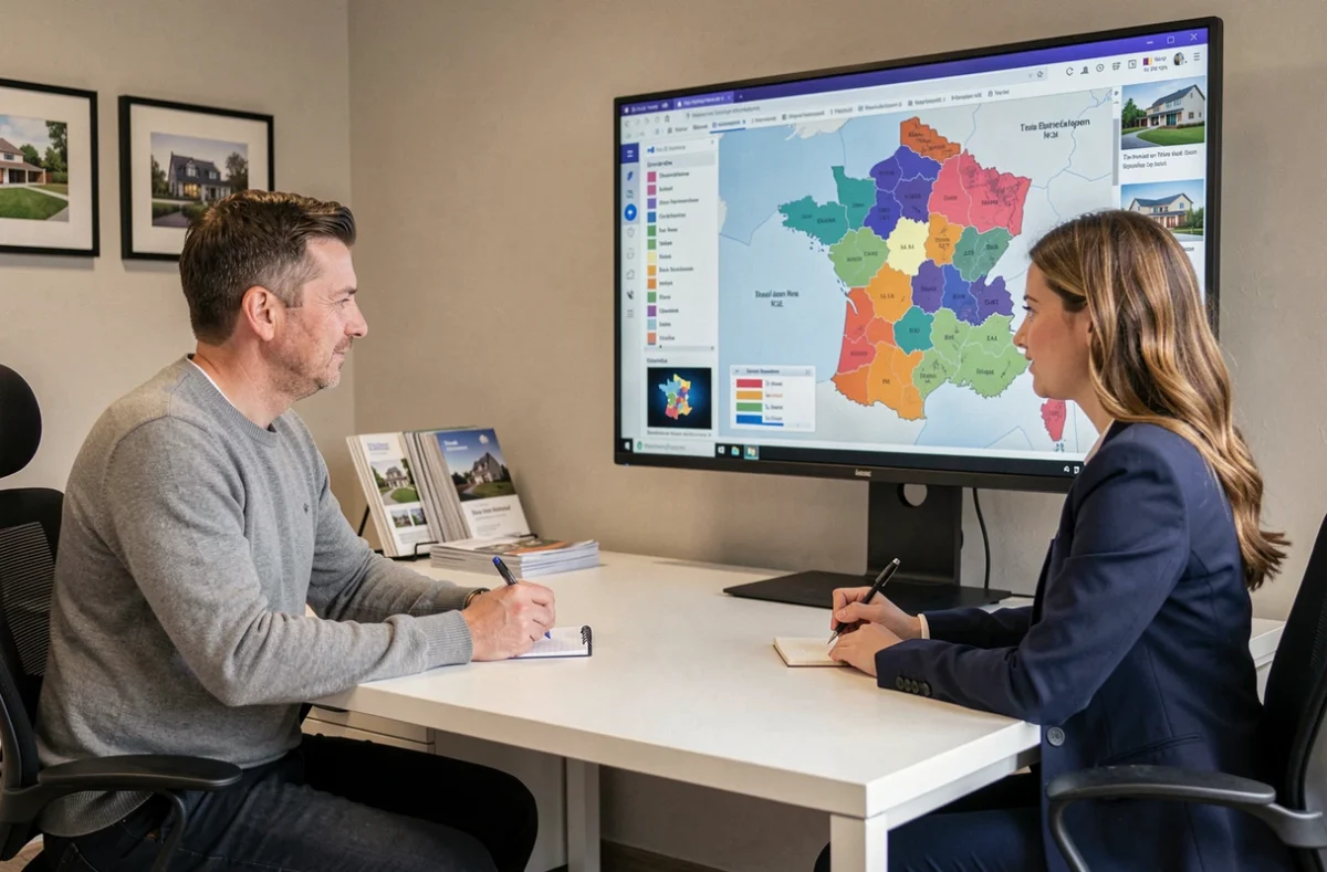 Homme en consultation chez un agent immobilier pour comprendre les zones géographiques des plafonds APL en 2026