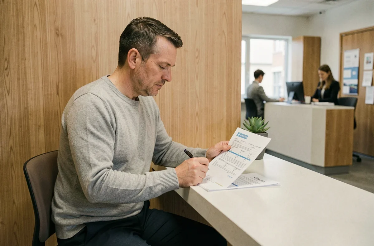 Client consultant un document de simulation de crédit lors d'un rendez-vous à La Banque Postale
