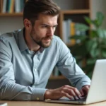 Homme consultant son espace bancaire en ligne Filibanque CIC sur un ordinateur portable dans un bureau à domicile moderne