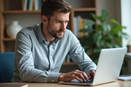 Homme consultant son espace bancaire en ligne Filibanque CIC sur un ordinateur portable dans un bureau à domicile moderne