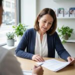 Femme consultant un conseiller en mutuelle hospitalière dans un bureau moderne, examinant les prestations de remboursement