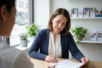 Femme consultant un conseiller en mutuelle hospitalière dans un bureau moderne, examinant les prestations de remboursement