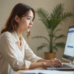 Femme consultant ses relevés de compte La Banque Postale sur un ordinateur portable depuis son bureau à domicile