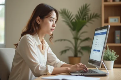 Femme consultant ses relevés de compte La Banque Postale sur un ordinateur portable depuis son bureau à domicile