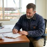 Homme de chantier signant des documents d'assurance dans un bureau moderne