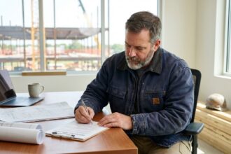 Homme de chantier signant des documents d'assurance dans un bureau moderne